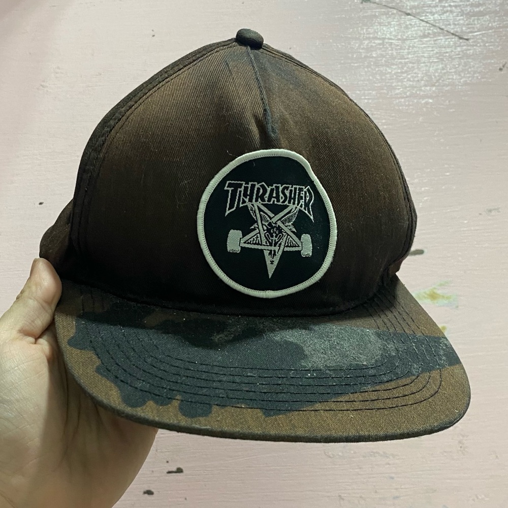 Destroyed Thrasher Skate Goat snapback hat distressed black woven logo patch